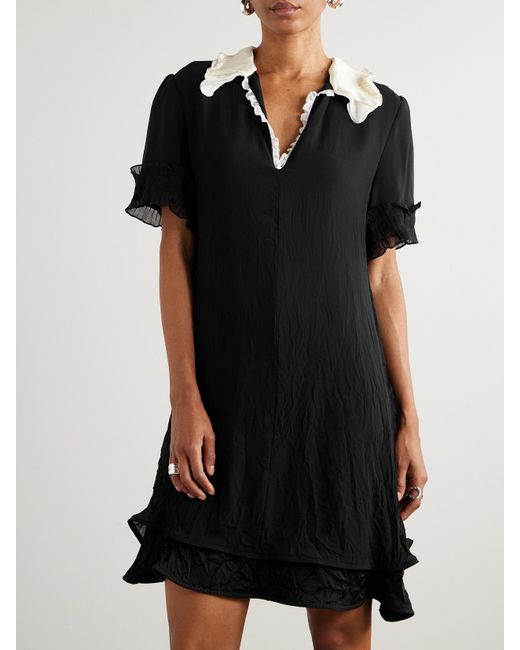 Jil Sander Black Ruffled Satin-Trimmed Crinkled Silk-Chiffon Dress