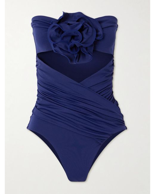 Magda Butrym Blue Trägerloser Badeanzug Mit Cut-Out, Raffungen Und Applikation
