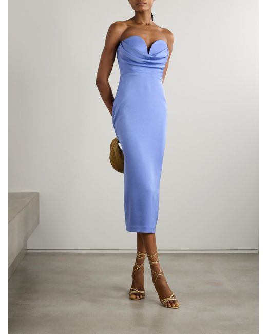 Alex Perry Blue Strapless Draped Satin-Crepe Midi Dress
