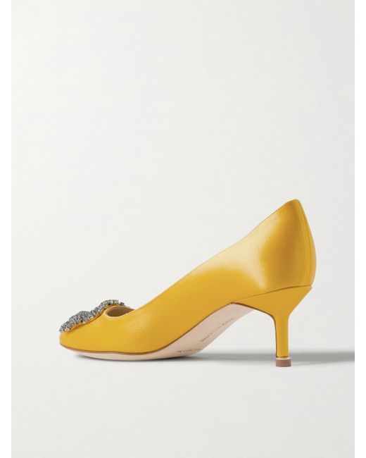 Manolo Blahnik Yellow Hangisi 50 Crystal-Embellished Satin Pumps