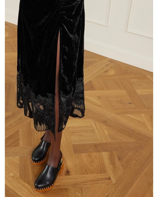 Ulla Johnson Black Rosaria Ruched Corded Lace-Trimmed Velvet Maxi Dress
