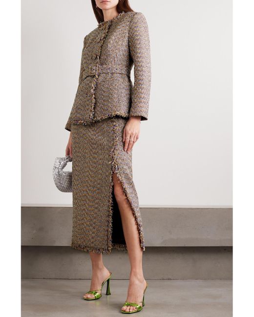 Huishan Zhang Natural Leila Belted Fringed Metallic Tweed Jacket