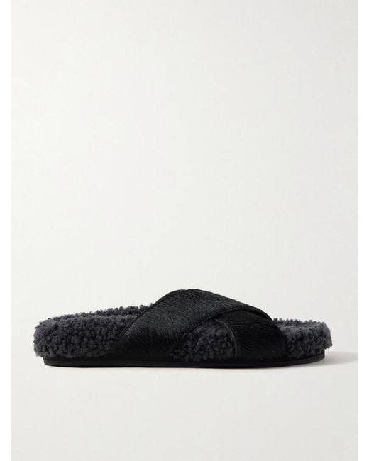 Ancient Greek Sandals Black Anilio Pantoletten Aus Kalbshaar Und Shearling