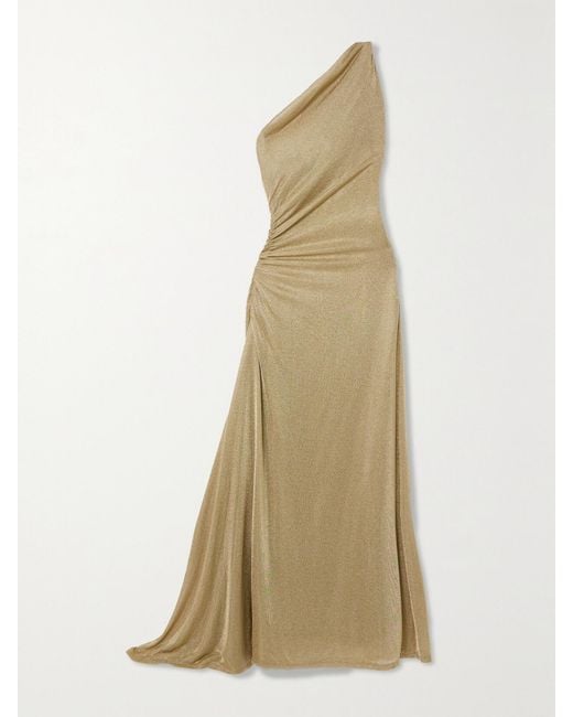 TOVE Natural Vivien One-Shoulder Ruched Metallic Knitted Maxi Dress