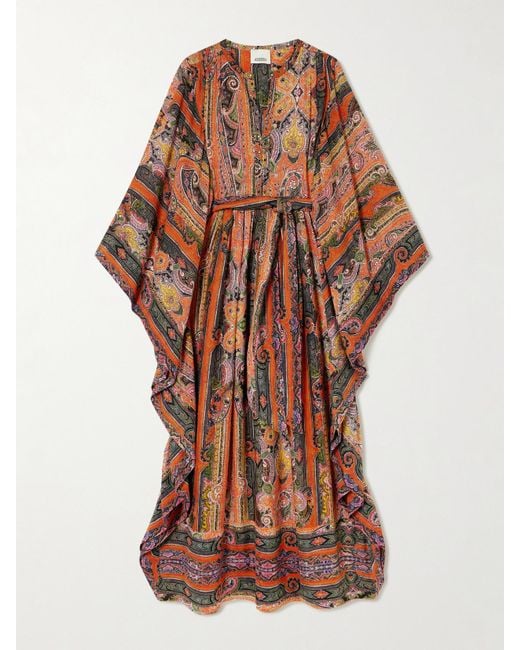 Robe Longue En Voile De Soie Imprimé À Ornements Et À Ceinture Melinda Isabel Marant en coloris Brown