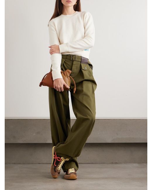 Loewe Green Belted Leather-Trimmed Pleated Cotton And Silk-Blend Pants