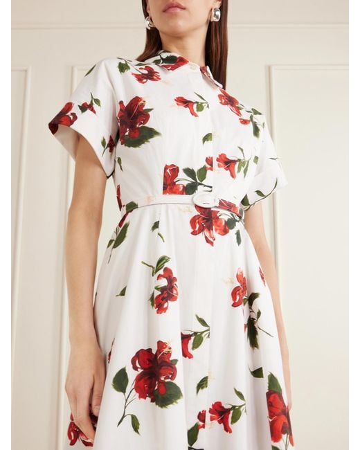 Oscar de la Renta White Floral-Print Cotton-Poplin Midi Dress