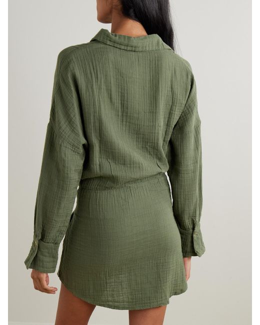 Melissa Odabash Sara Tie-Front Crinkled Cotton-Gauze Mini Shirt Dress in  Green | Lyst