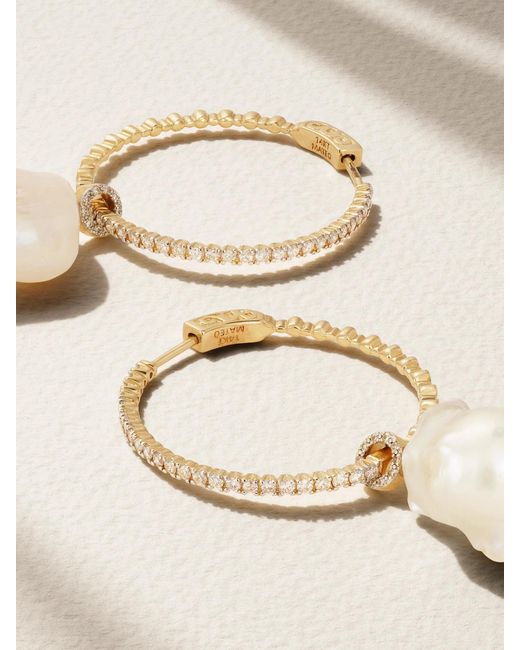 Mateo Metallic 14-karat Gold, Pearl And Diamond Hoop Earrings
