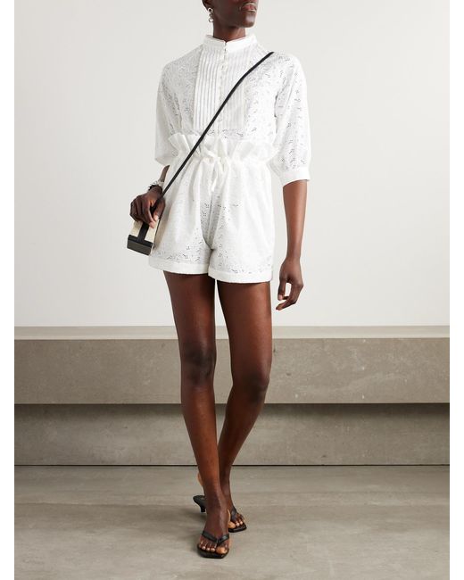 Loretta Caponi White Brunella Pintucked Broderie Anglaise Cotton Blouse