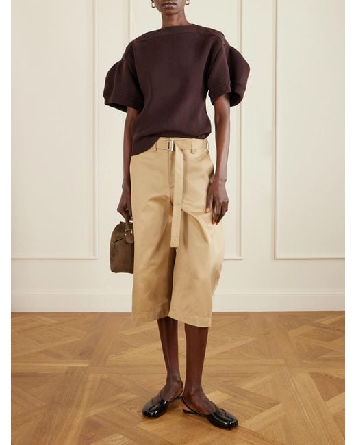 Sacai Natural Cropped Belted Cotton-Twill Barrel-Leg Pants