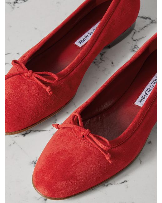 Manolo Blahnik Red Veralli Bow-Detailed Suede Ballet Flats