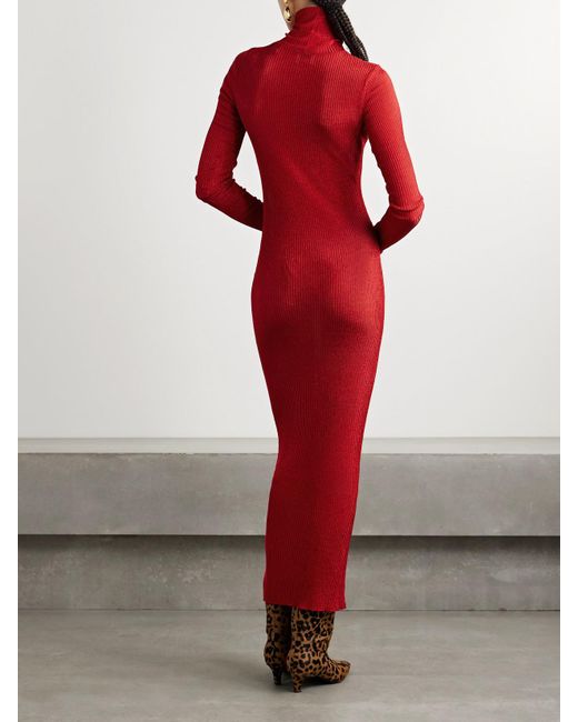 Isabel Marant Red Josita Metallic Ribbed-Knit Turtleneck Maxi Dress