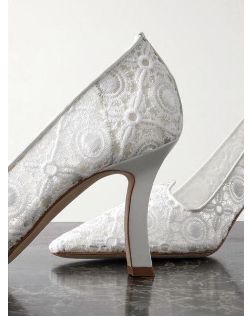 Manolo Blahnik White Euridi 90 Leather-Trimmed Lace Pumps