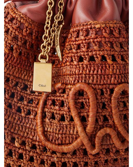 Chloé Red Summer Banana Leather-Trimmed Raffia Shoulder Bag