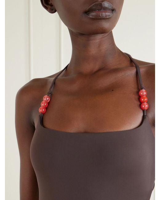 Staud Brown Laird Embellished Halterneck Swimsuit