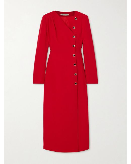 Alessandra Rich Red Asymmetric Wool-Blend Crepe Midi Dress