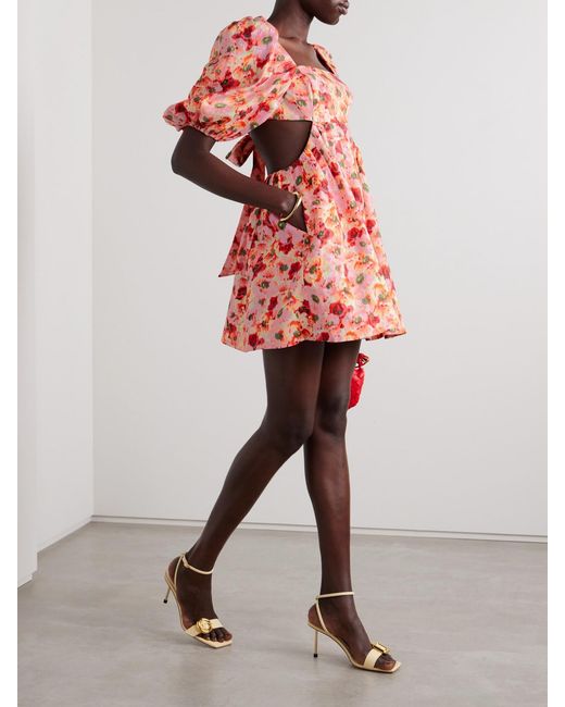 Zimmermann Red Lightburst Pleated Cutout Floral-Print Linen Mini Dress