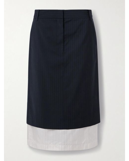 Tibi Blue Mier Layered Pinstriped Wool-Blend Crepe And Satin-Twill Midi Skirt