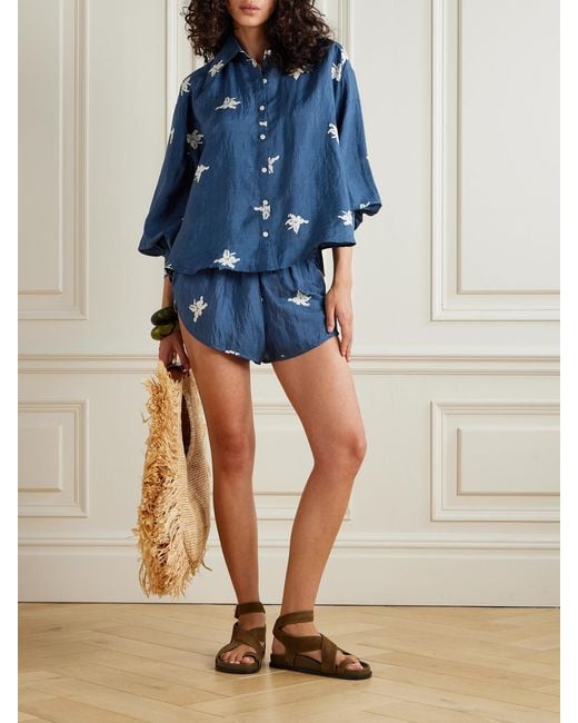 Alix Of Bohemia Blue Lucy Pacific Floral-Print Silk Shorts