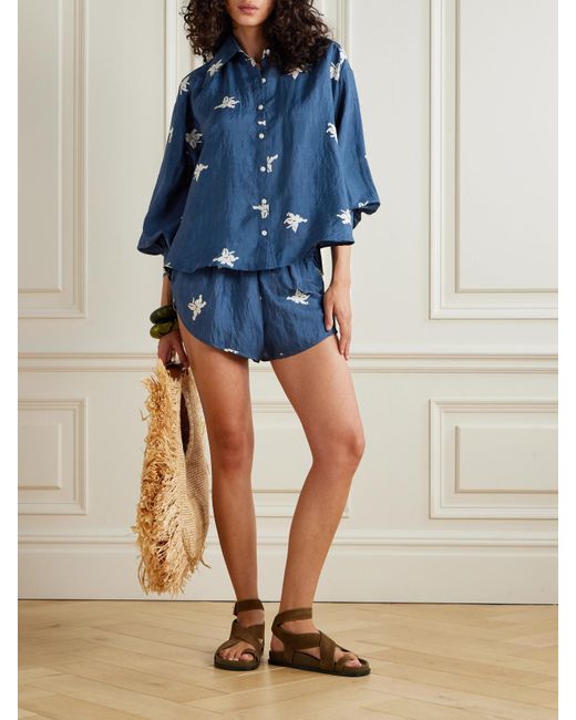 Alix Of Bohemia Blue Lucy Pacific Floral-Print Silk Shorts