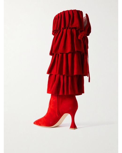 Manolo Blahnik Mifalone 90 Tiered Ruffled Suede Knee Boots