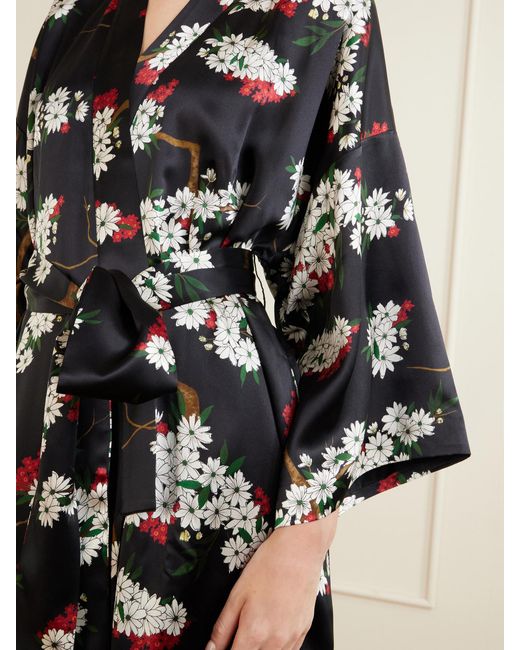 Olivia Von Halle Black Queenie Belted Floral-Printed Silk-Satin Robe