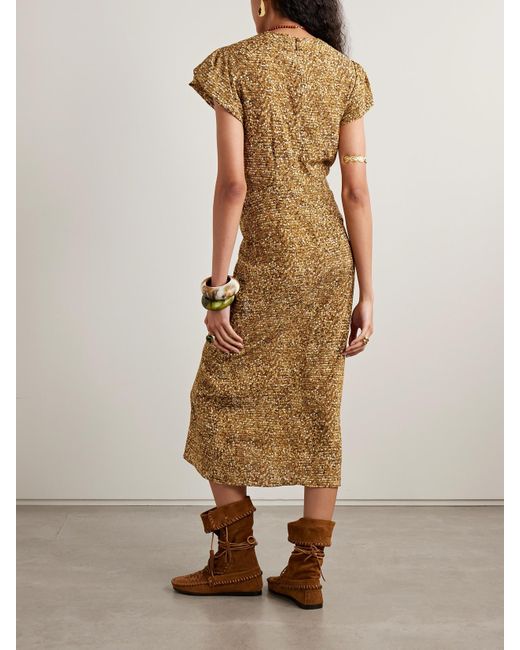 Robe Midi En Crêpe De Chine De Soie Stretch Imprimé À Fronces Terena Isabel Marant en coloris Metallic
