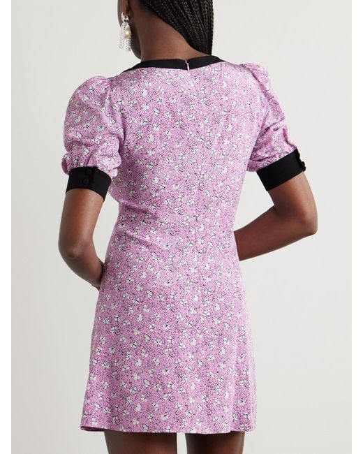 Alessandra Rich Pink Clover Bow And Button-Embellished Floral-Print Silk Mini Dress