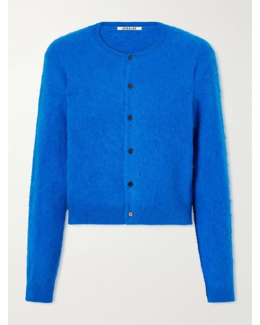 Auralee Blue Garment-Dyed Alpaca Cardigan