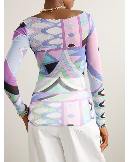 Emilio Pucci Blue Ruffle-Trimmed Printed Chiffon Top