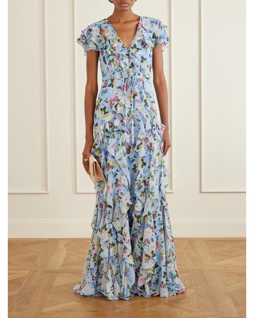 Carolina Herrera Blue Ruffled Floral-Printed Silk Chiffon Gown