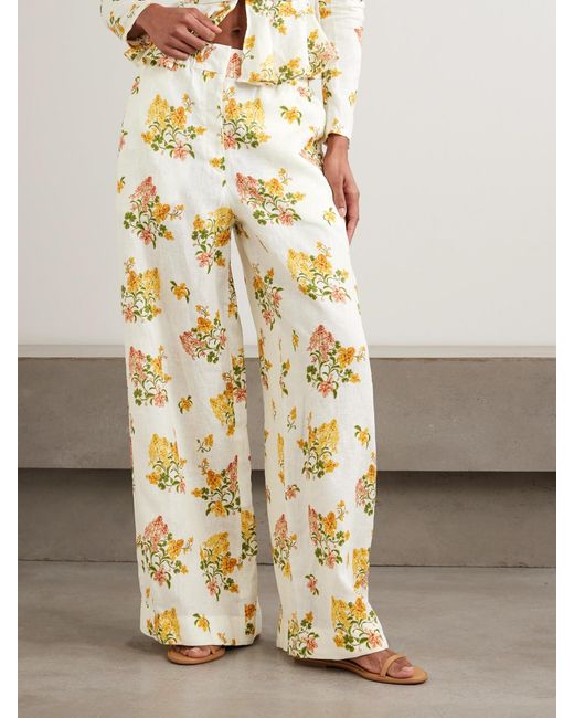 Agua Bendita Metallic Tota Cordillera Floral-Print Linen Wide-Leg Pants