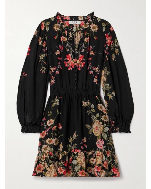Sea Black Jolie Ruffled Floral-Print Crepe De Chine Mini Dress