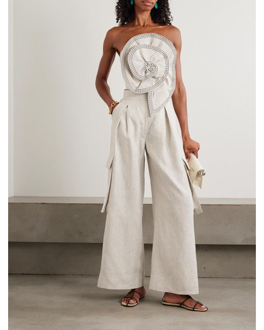 ANDRES OTALORA White Mi Memoria Pleated Linen Cargo Wide-Leg Pants