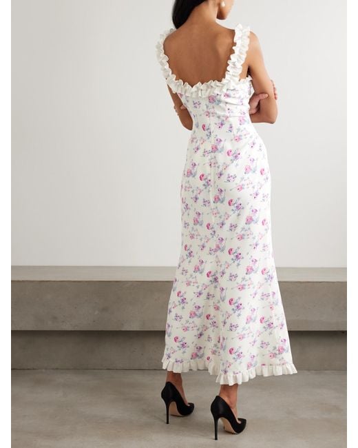 Alessandra Rich White Midikleid Aus Crêpe De Chine Aus Seide Mit Blumenprint, Rüschen Und Schleifen Aus Taft