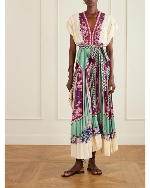 LaDoubleJ Multicolor Belted Printed Pleated Crepe De Chine Maxi Dress