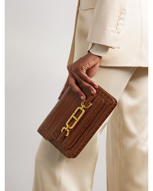 Tom Ford Brown Small Glossed Croc-Effect Leather Shoulder Bag