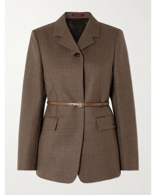 Gucci Brown Leather-Trimmed Belted Houndstooth Wool Blazer