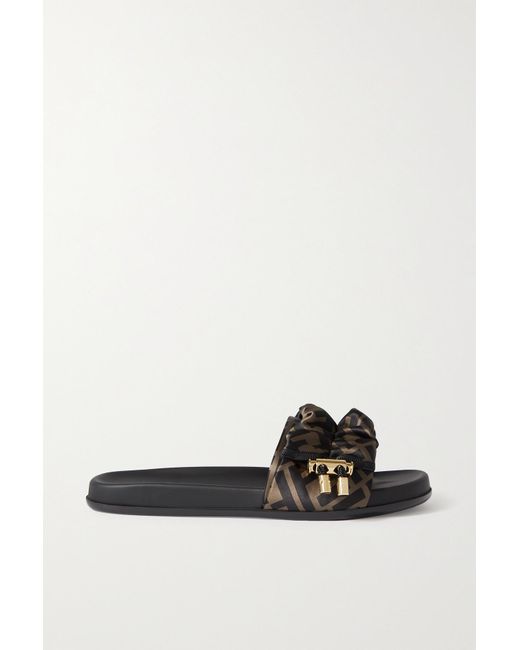 Fendi Ruched Logo-print Satin Slides in Black | Lyst Canada