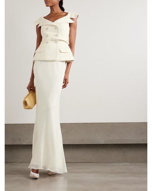 Self-Portrait White Off-The-Shoulder Belted Metallic Bouclé And Crepe Maxi Dress