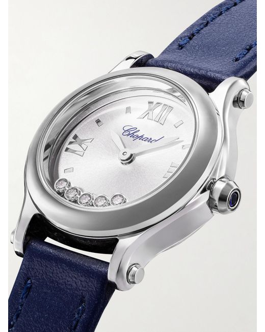 Chopard Blue Happy Sport 25Mm Uhr Aus Edelstahl Mit Diamanten Und Lederarmband