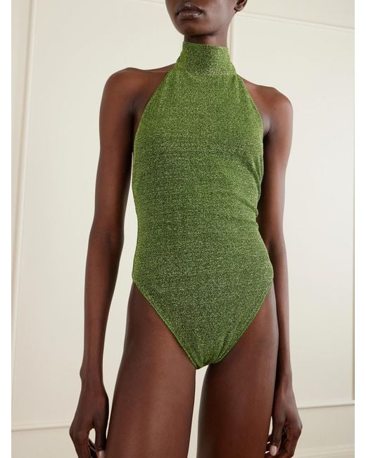 Oseree Green Lumière Scarf-Detailed Embellished Metallic Swimsuit