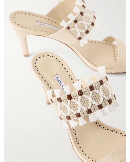Manolo Blahnik White Efeso 70 Fringed Raffia And Leather Sandals