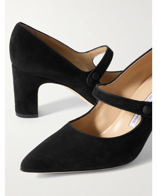Manolo Blahnik Black Campariba 70 Grosgrain-Trimmed Suede Mary Jane Pumps