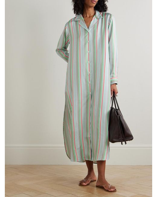 Comme Si Green Striped Silk-Twill Midi Shirt-Dress