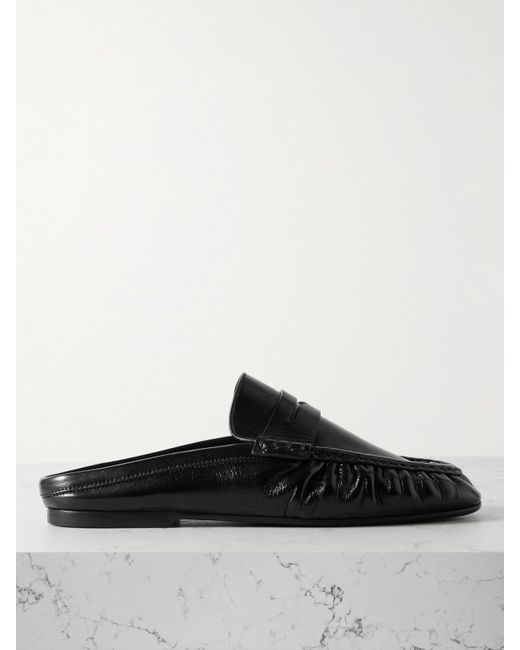 Saint Laurent Black Le Loafer Crinkled-Leather Slippers