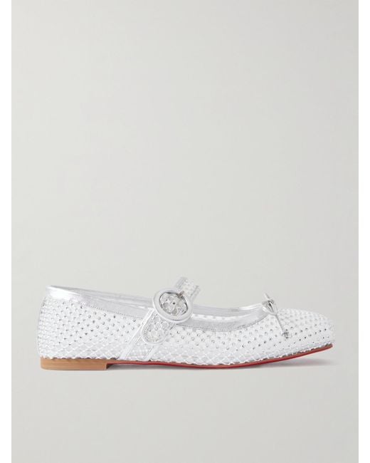 Christian Louboutin White Mamastrapitina Mary-Jane-Ballerinas Aus Mesh Mit Lederbesätzen Und Kristallen