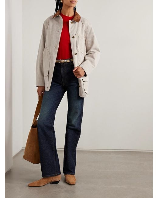 Veronica Beard Natural Abbas Suede-Trimmed Herringbone Cotton Jacket