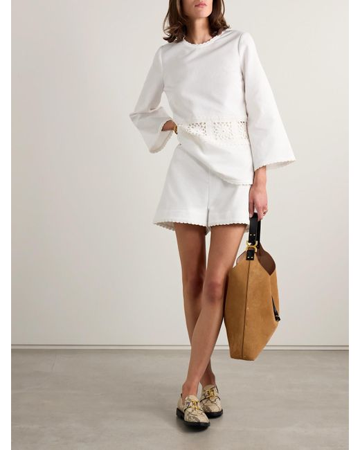 Zimmermann White Maxine Crochet-Trimmed Textured-Cotton Shorts